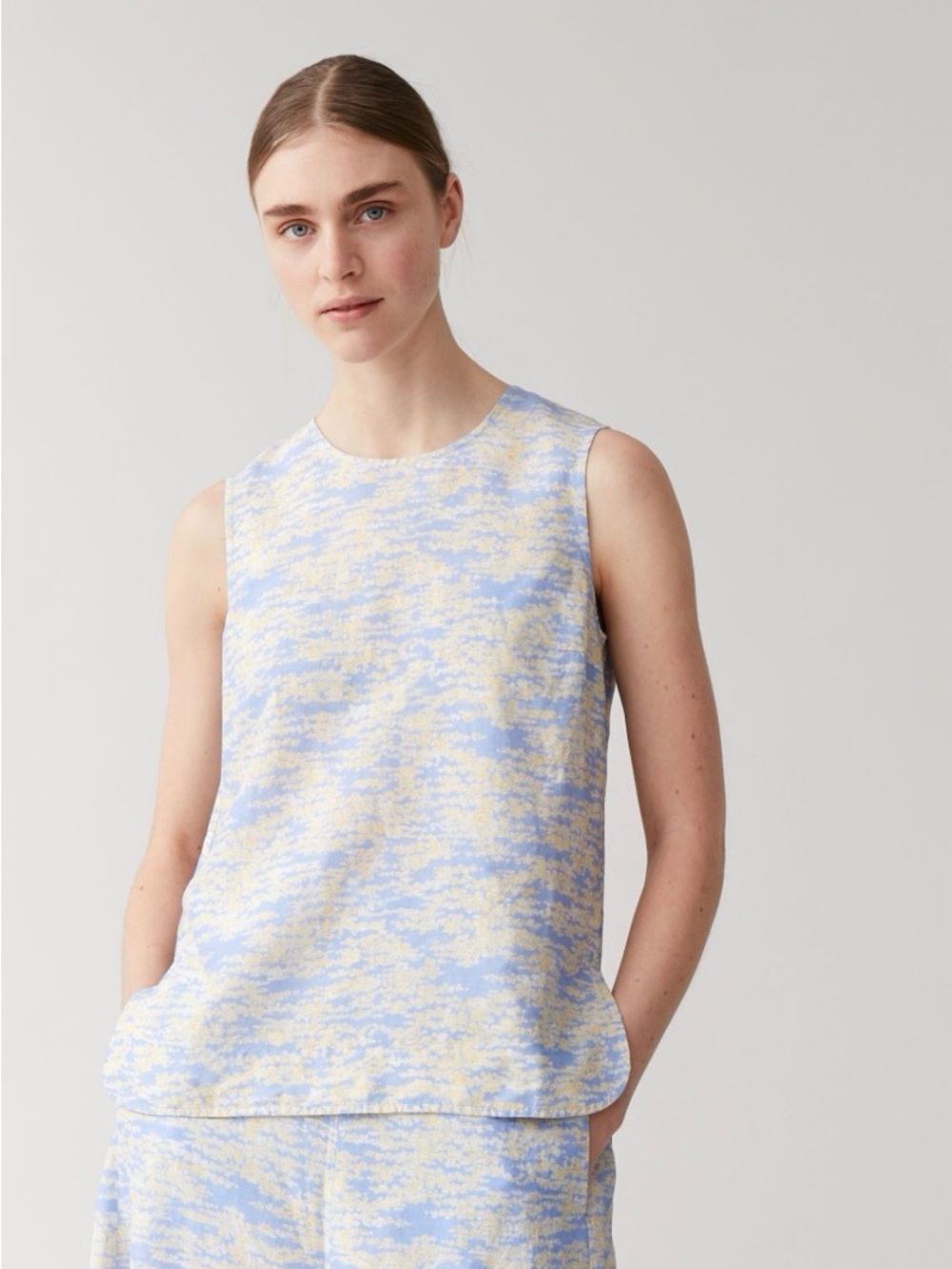 COS Blue & Yellow Printed Linen Blend Sleeveless Top (Size 10)
